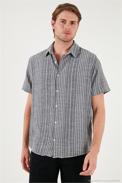 Çizgili Pamuklu Slim Fit Kısa Kollu Erkek Gömlek CF23S116097 SİYAH