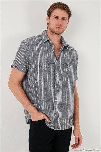 Çizgili Pamuklu Slim Fit Kısa Kollu Erkek Gömlek CF23S116097 SİYAH