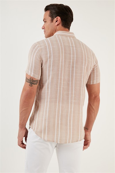 Çizgili Pamuklu Slim Fit Kısa Kollu Erkek Gömlek CF23S116097 TAŞ