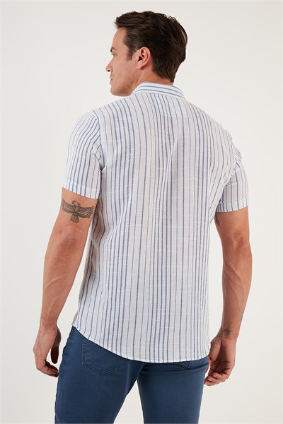 Çizgili Pamuklu Slim Fit Kısa Kollu Erkek Gömlek CF23S116097 BEYAZ-SAKS