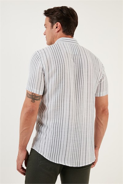 Çizgili Pamuklu Slim Fit Kısa Kollu Erkek Gömlek CF23S116097 BEYAZ-YEŞİL