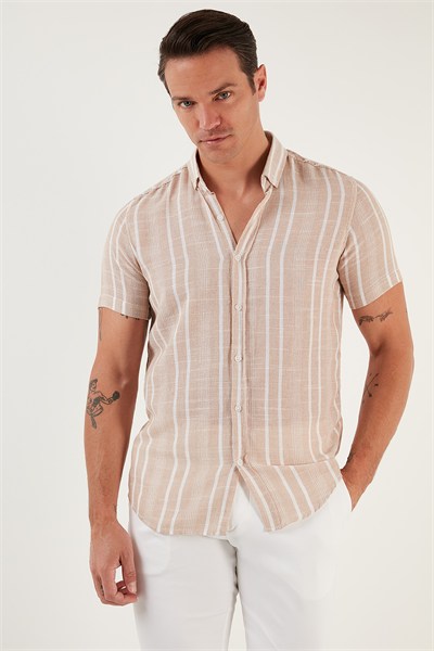 Çizgili Pamuklu Slim Fit Kısa Kollu Erkek Gömlek CF23S116097 TAŞ