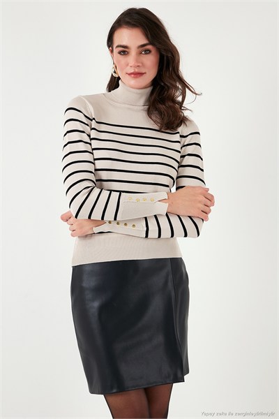 Çizgili Regular Fit Balıkçı Yaka Kadın Kazak 4615565 EKRU