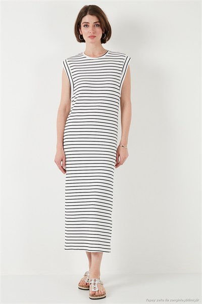 Çizgili Regular Fit Kolsuz Bisiklet Yaka Midi Boy Kadın Elbise 5866107 SİYAH