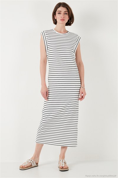 Çizgili Regular Fit Kolsuz Bisiklet Yaka Midi Boy Kadın Elbise 5866107 SİYAH