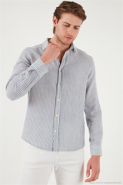 Çizgili Regular Fit Pamuklu Uzun Kollu Erkek Gömlek CF25S129721 SAKS