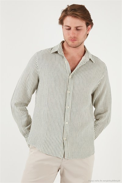 Çizgili Regular Fit Pamuklu Uzun Kollu Erkek Gömlek CF25S129721 AÇIK HAKİ