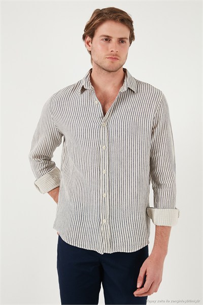 Çizgili Regular Fit Pamuklu Uzun Kollu Erkek Gömlek CF25S129721 LACİVERT