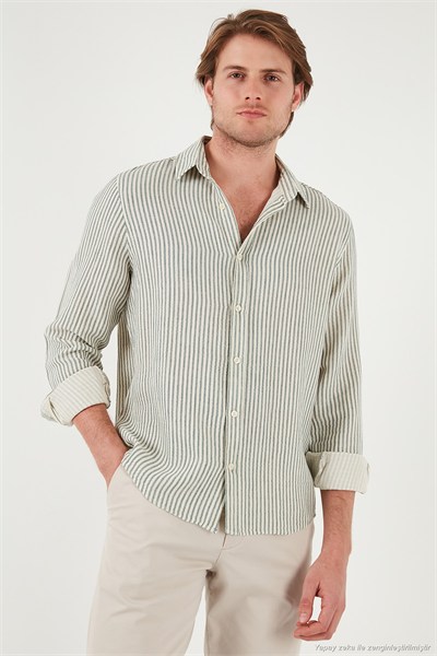 Çizgili Regular Fit Pamuklu Uzun Kollu Erkek Gömlek CF25S129721 AÇIK HAKİ