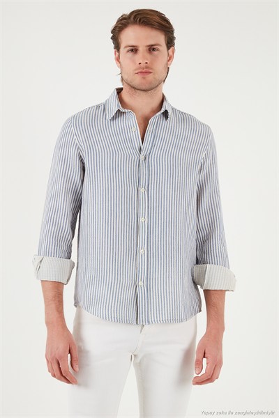 Çizgili Regular Fit Pamuklu Uzun Kollu Erkek Gömlek CF25S129721 SAKS