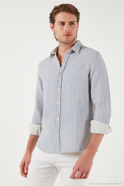 Çizgili Regular Fit Pamuklu Uzun Kollu Erkek Gömlek CF25S129721 SAKS
