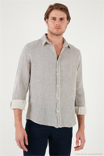 Çizgili Regular Fit Pamuklu Uzun Kollu Erkek Gömlek CF25S129721 LACİVERT