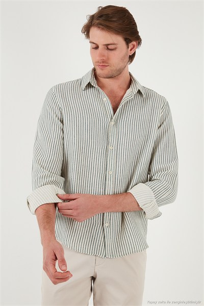 Çizgili Regular Fit Pamuklu Uzun Kollu Erkek Gömlek CF25S129721 AÇIK HAKİ