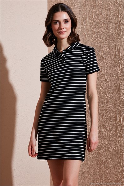Çizgili Slim Fit Mini Boy Düğmeli Polo Yaka Kısa Kollu Kadın Elbise 5866151 SİYAH-BEYAZ
