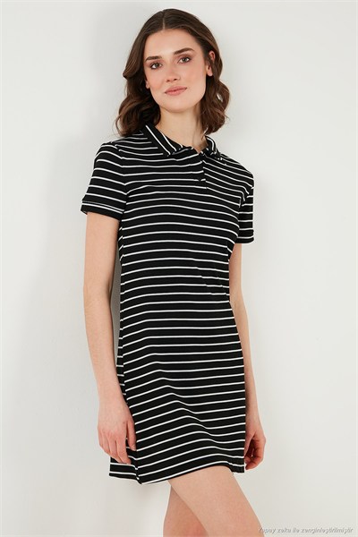 Çizgili Slim Fit Mini Boy Düğmeli Polo Yaka Kısa Kollu Kadın Elbise 5866151 SİYAH-BEYAZ