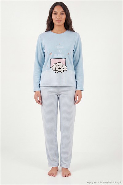 Çizgili Ultra Soft Kışlık Polar Kadın Pijama Takımı 6575030 MAVİ