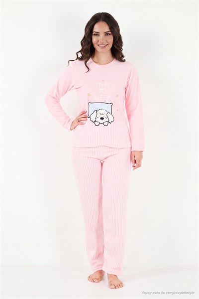 Çizgili Ultra Soft Kışlık Polar Kadın Pijama Takımı 6575030 PEMBE