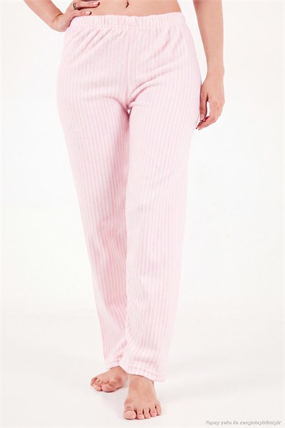 Çizgili Ultra Soft Kışlık Polar Kadın Pijama Takımı 6575030 PEMBE