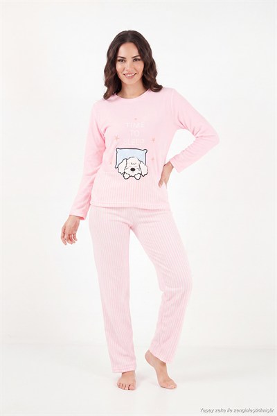 Çizgili Ultra Soft Kışlık Polar Kadın Pijama Takımı 6575030 PEMBE