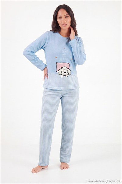 Çizgili Ultra Soft Kışlık Polar Kadın Pijama Takımı 6575030 MAVİ