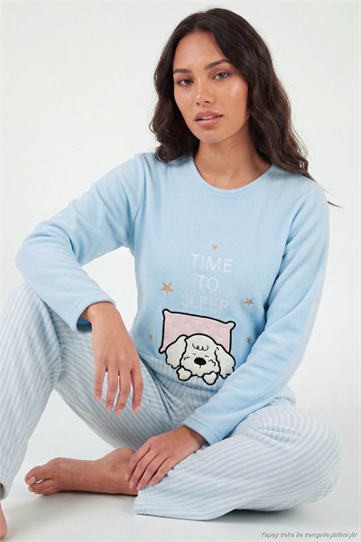 Çizgili Ultra Soft Kışlık Polar Kadın Pijama Takımı 6575030 MAVİ