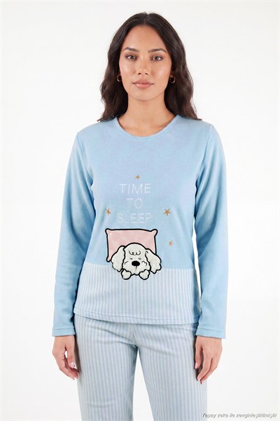 Çizgili Ultra Soft Kışlık Polar Kadın Pijama Takımı 6575030 MAVİ