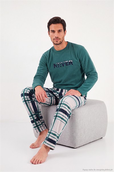 Çizgili Yumuşak Dokulu Bisiklet Yaka Polar Erkek Pijama Takımı 6097066 NEFTİ