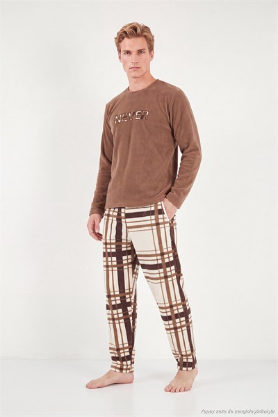 Çizgili Yumuşak Dokulu Bisiklet Yaka Polar Erkek Pijama Takımı 6097066 CAMEL