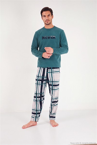 Çizgili Yumuşak Dokulu Bisiklet Yaka Polar Erkek Pijama Takımı 6097066 NEFTİ