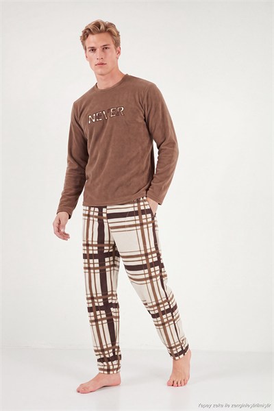 Çizgili Yumuşak Dokulu Bisiklet Yaka Polar Erkek Pijama Takımı 6097066 CAMEL