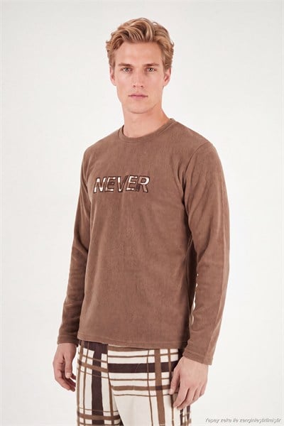 Çizgili Yumuşak Dokulu Bisiklet Yaka Polar Erkek Pijama Takımı 6097066 CAMEL