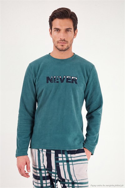 Çizgili Yumuşak Dokulu Bisiklet Yaka Polar Erkek Pijama Takımı 6097066 NEFTİ