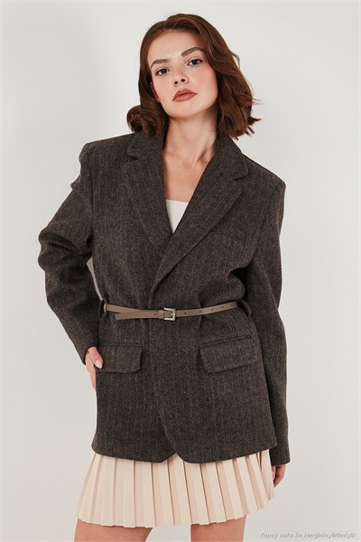 Çizgili Yün Karışımlı Oversize Fit Kruvaze Yaka Kemerli Kadın Ceket 6839634 VİZON