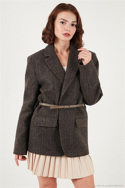 Çizgili Yün Karışımlı Oversize Fit Kruvaze Yaka Kemerli Kadın Ceket 6839634 VİZON