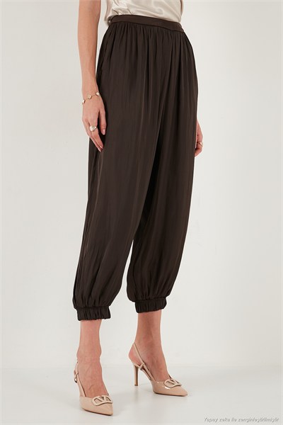 Comfort Fit Yüksek Bel Lastikli Paça Saten Kadın Pantolon 68351217 KAHVE