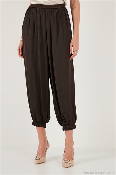 Comfort Fit Yüksek Bel Lastikli Paça Saten Kadın Pantolon 68351217 KAHVE