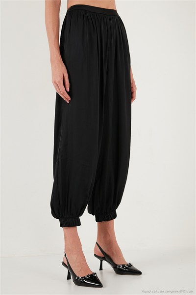 Comfort Fit Yüksek Bel Lastikli Paça Saten Kadın Pantolon 68351217 SİYAH