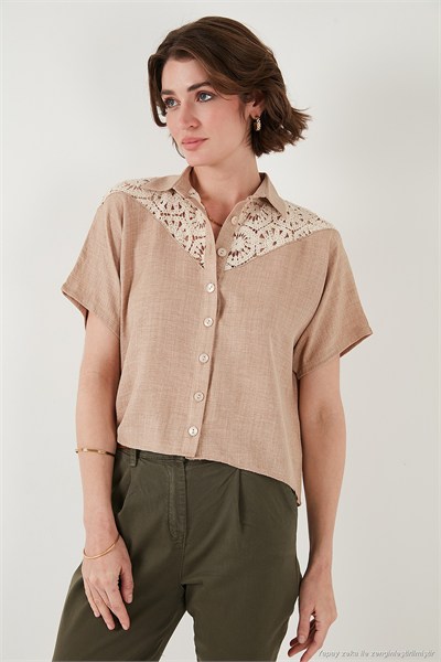 Dantelli Relaxed Fit Kısa Kollu Kadın Gömlek 5865764 TAŞ