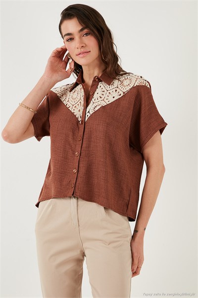 Dantelli Relaxed Fit Kısa Kollu Kadın Gömlek 5865764 KAHVE