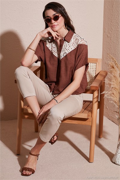 Dantelli Relaxed Fit Kısa Kollu Kadın Gömlek 5865764 KAHVE