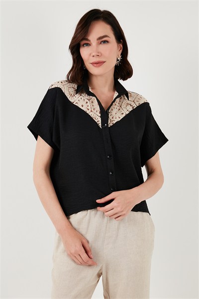 Dantelli Relaxed Fit Kısa Kollu Kadın Gömlek 5865764 SİYAH
