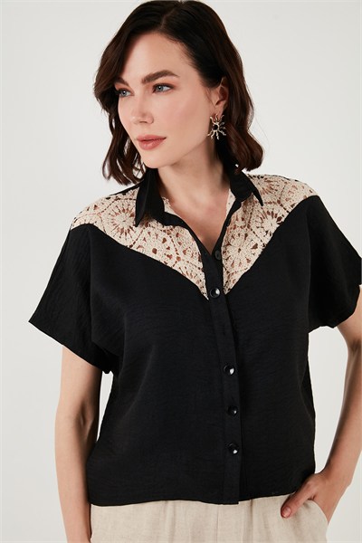 Dantelli Relaxed Fit Kısa Kollu Kadın Gömlek 5865764 SİYAH