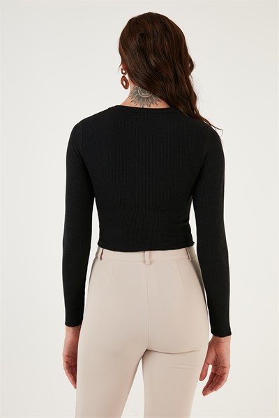 Dar Kesim Bürümcük Kumaş Fitilli Crop Kadın Bluz 5865416 SİYAH