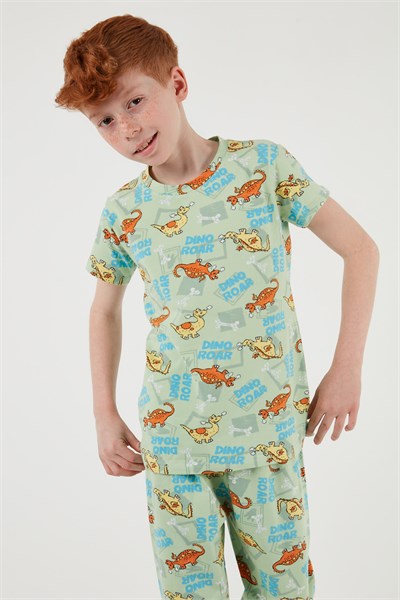Desenli % 100 Pamuk Bisiklet Yaka Erkek Çocuk Pijama Takımı 6651003 MİNT