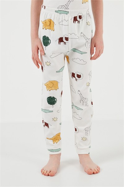 Desenli % 100 Pamuk Bisiklet Yaka Erkek Çocuk Pijama Takımı 6651001 EKRU-HARDAL