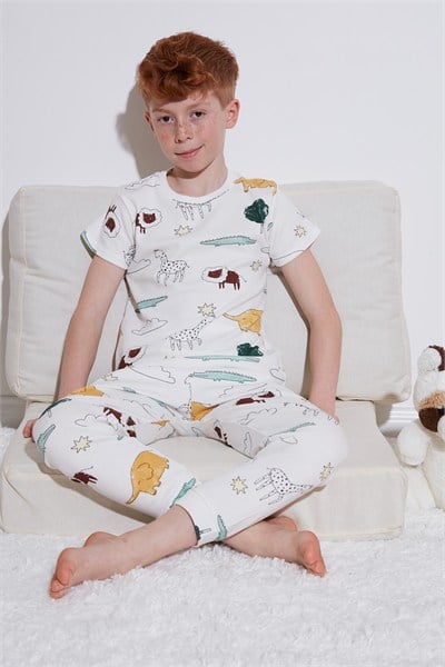 Desenli % 100 Pamuk Bisiklet Yaka Erkek Çocuk Pijama Takımı 6651001 EKRU-HARDAL