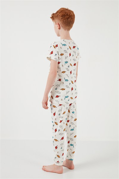 Desenli % 100 Pamuk Bisiklet Yaka Erkek Çocuk Pijama Takımı 6651001 EKRU-KIRMIZI