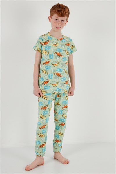 Desenli % 100 Pamuk Bisiklet Yaka Erkek Çocuk Pijama Takımı 6651003 MİNT