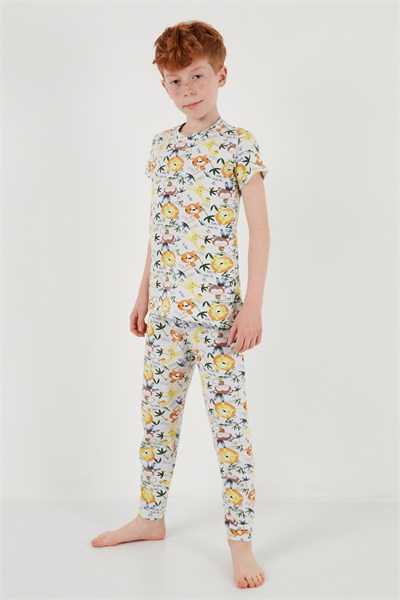 Desenli % 100 Pamuk Bisiklet Yaka Erkek Çocuk Pijama Takımı 6651003 EKRU-SARI
