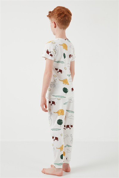 Desenli % 100 Pamuk Bisiklet Yaka Erkek Çocuk Pijama Takımı 6651001 EKRU-HARDAL